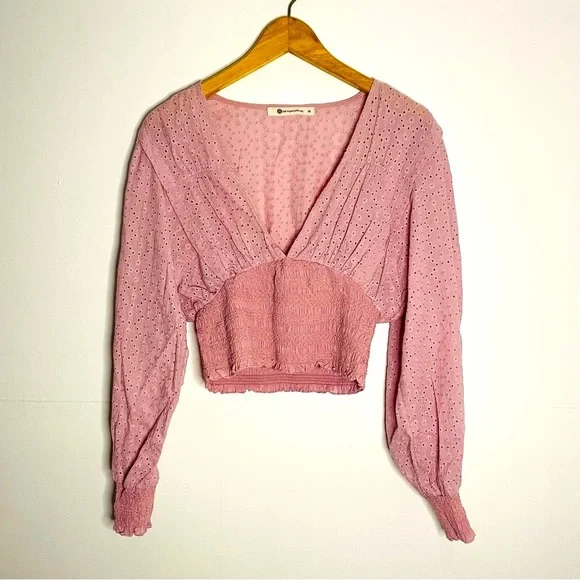 Soft Girl Pastel Pink Eyelet Puff Sleeve Crop Top - Picture 11 of 11